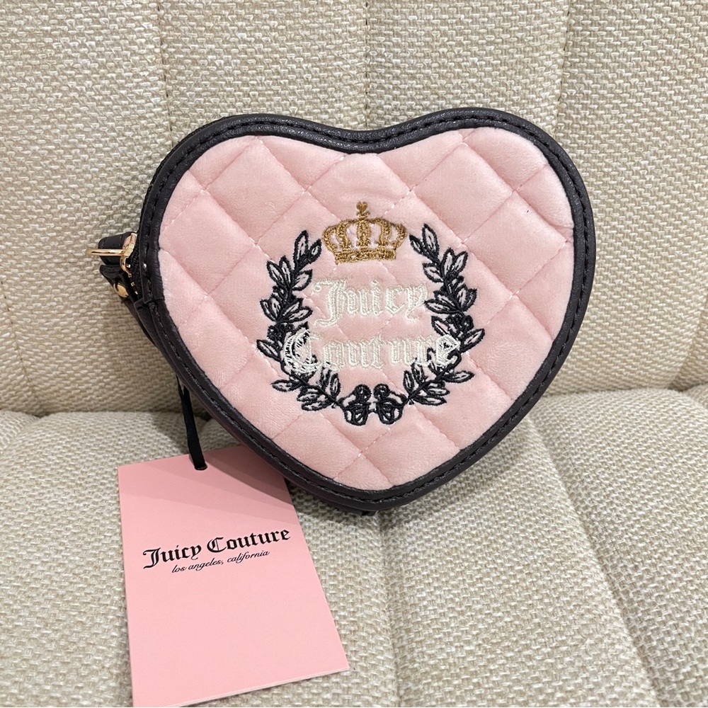 NEW Juicy Couture‎ Pink Quilted Velvet Heart Wristlet Pouch Brown Faux Leather
